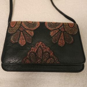 Vintage Carlos Falchi Hand-Stitched Leather & Tapestry Crossbody / Clutch